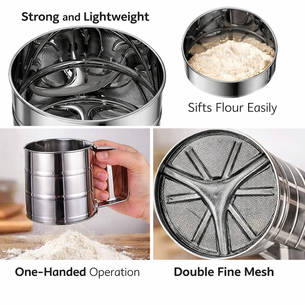 Stainless Steel Flour Sifter – Fine Mesh Atta & Baking Strainer for Kitchen