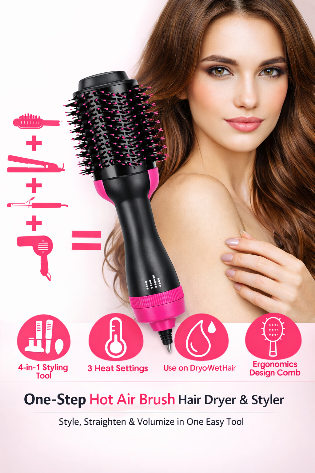 One-Step Hot Air Brush Hair Dryer & Styler – Volumizer, Straightener & Curler in One