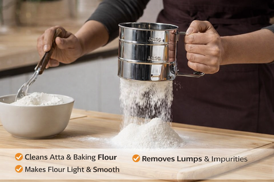 Stainless Steel Flour Sifter – Fine Mesh Atta & Baking Strainer for Kitchen